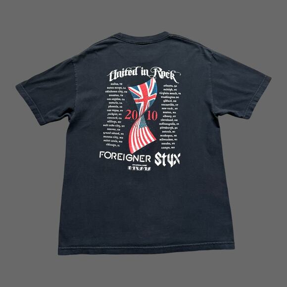 Foreigner x Styx 'United in Rock' 2010 Tour Black SS Graphic Band Tee Size L GUC - Picture 7 of 8
